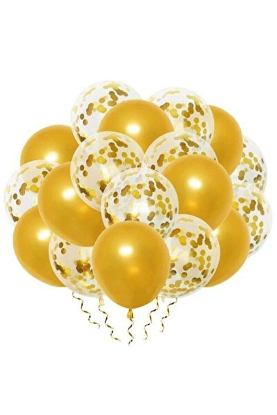 MERİ PARTİ Gold Konfetili Şeffaf Balon Ve Metalik Gold Balon Seti 20 Adet