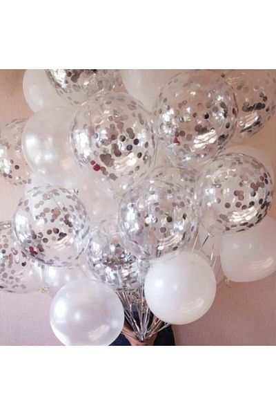 MERİ PARTİ 10 Pieces of White Balloon, 10 Pieces of Transparent Balloon, 1 Pack of Transparent Balloon Confetti Silver