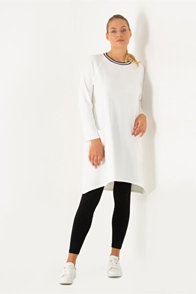 Flowist Kadın Büyük Beden Beyaz Ribana Detaylı Reglan Kollu Tunik