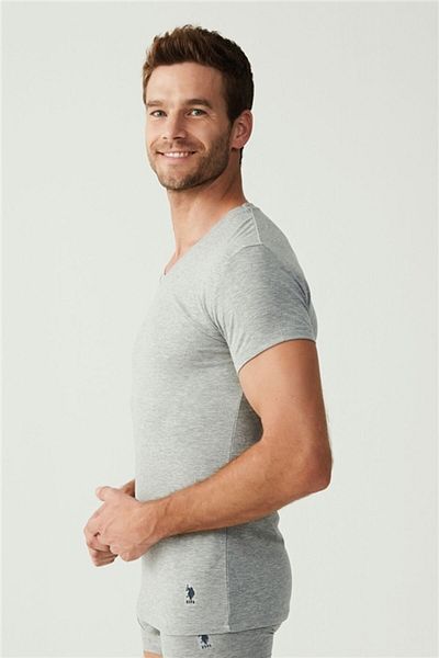 U.S. Polo Assn. 80194 Men's Gray Melange 2-Piece Short Sleeve V-Neck Undershirt