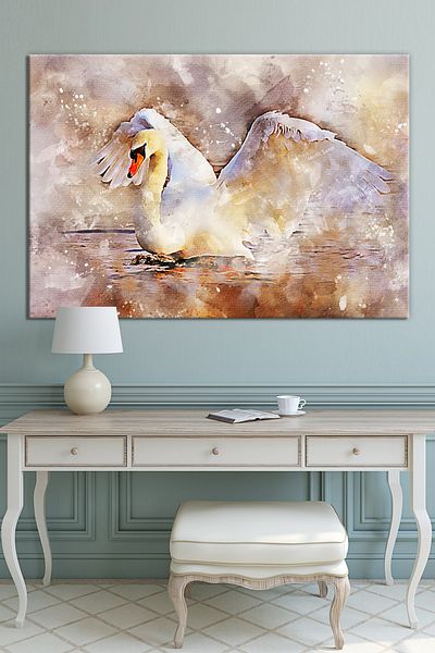 Morfil Sanat Atölyesi Swan in Swan Lake Ακουαρέλα εφέ ζωγραφική σε καμβά