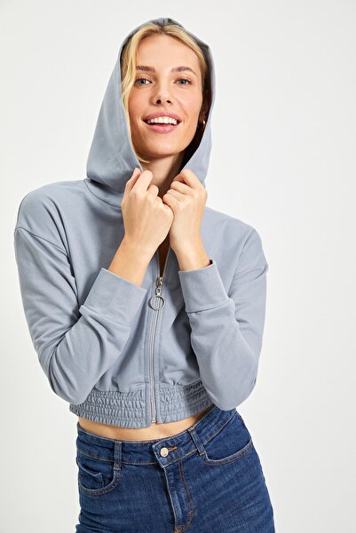 Trendyol Collection Szara, zapinana na zamek, cienka, dzianinowa bluza z kapt...