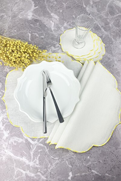 WEARE2 Set de 8 piese cu broderie în culori galbene, șervețele americane și d...