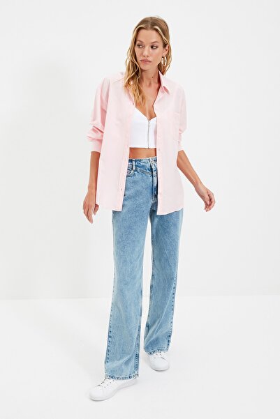 Trendyol Collection Rózsaszín egyzsebű Boyfriend/Wide Fit pamut szőtt ing TWOAW20GO0115