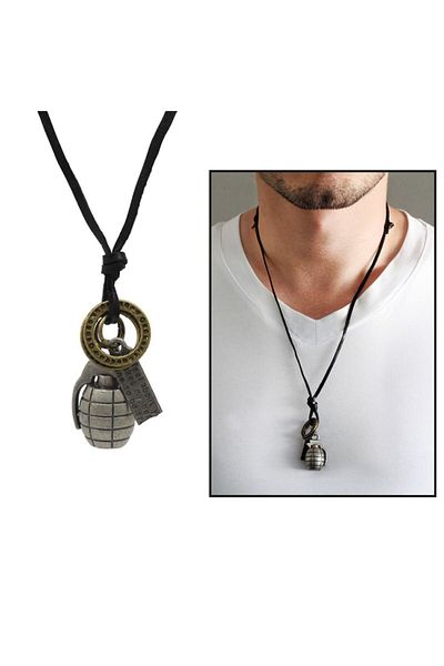 Tesbihane Hand Grenade Design Adjustable Rope Chain Solid Brass Men's Necklace