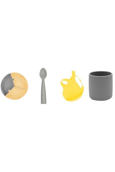 OiOi Set of 4 Puzzle Plates, Nam Nam Spoon Gray, Silicone Cup Gray, Baby Bib Yellow