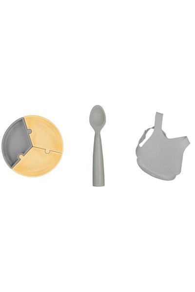 OiOi Set of 3 Puzzle Plate, Nam Nam Spoon Gray, Silicone Bib Gray
