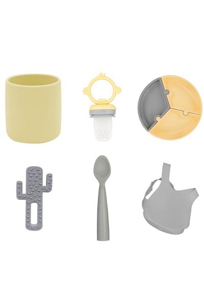 OiOi Set of 6 Puzzle Plate, Cactus Yellow, Glass Gray, Spoon Gray, Baby Bib Gray, Puree