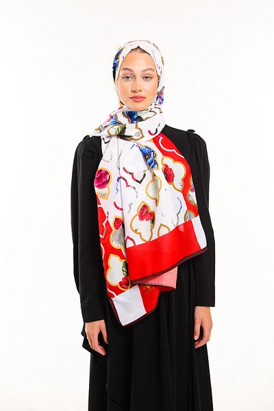 19V69 ITALIA Pomegranate Flower Cream Geometric Pattern Pavia Series Shawl Scarf 90x200 cm