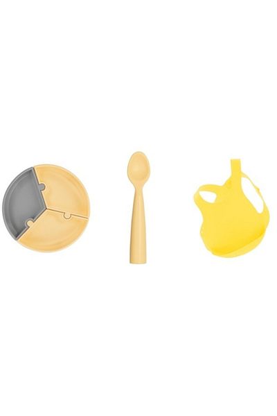 OiOi Set of 3 Puzzle Plate, Nam Nam Spoon Yellow, Silicone Bib Yellow