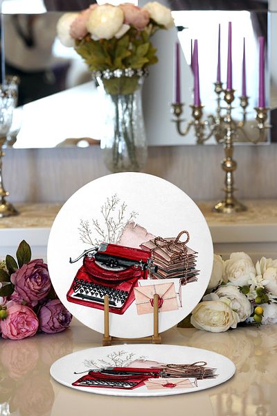Realhomes 2-Piece Antique Typewriter Motif Digital Printed Decorative Round Charger & Placemat