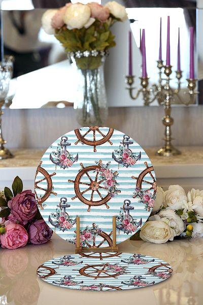 Realhomes 2-Piece Blue Striped Anchor & Rudder Motif Digital Printed Modern Round Plate & Placemat