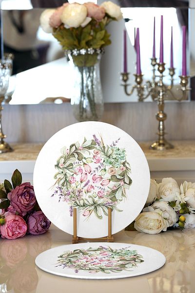 Realhomes 2-Piece Watercolor Drawing Floral Design Digital Printed Modern Round Plate & Placemat