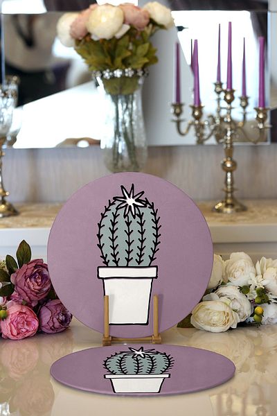 Realhomes 2-Piece Light Purple Floor Plain Cactus Design Digital Printed Decorative Round Plate & Placemat