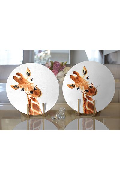 Realhomes 2-Piece White Floor Giraffe Patterned Digital Printed Modern Round Plate & Placemat