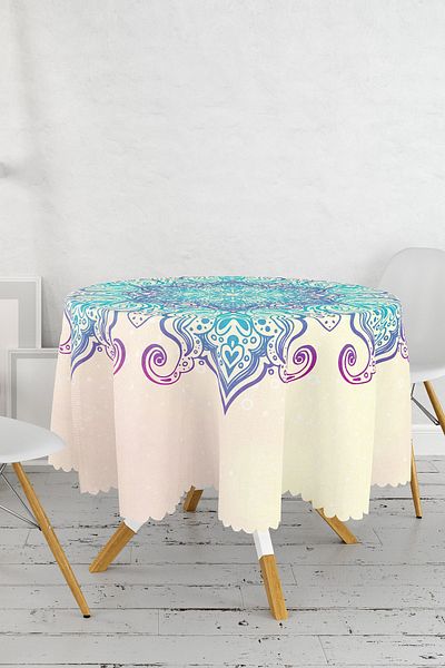Realhomes Față de masă rotundă modernă cu Desen Mandala Albastru pe Fond Roz - Diametru 140cm