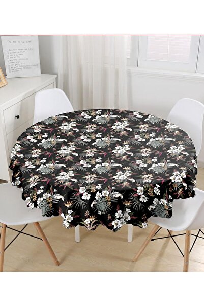 Realhomes Față de masă rotundă modernă imprimată digital cu model floral alb cu fundal negru - diametru 140cm