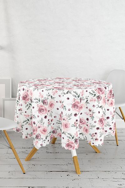 Realhomes Față de masă rotundă colorată cu modele florale pe fundal alb Diametru 140 cm