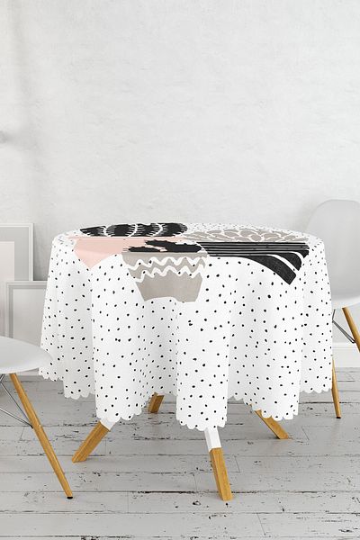 Realhomes Fata de masa rotunda cu model cactus cu buline negre pe fundal alb - diametru 140cm