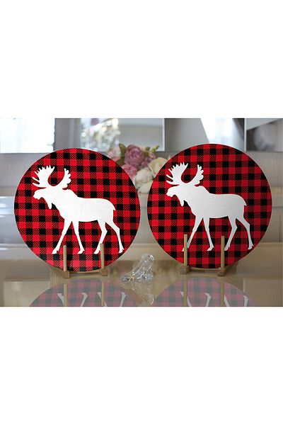 Realhomes 2-Piece Plaid Floor Deer Design Digital Printed Decorative Round Plate & Placemat