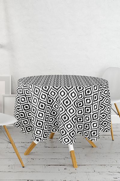 Realhomes Față de masă rotundă cu imprimare digitală cu model ikat negru cu design special - diametru 140 cm
