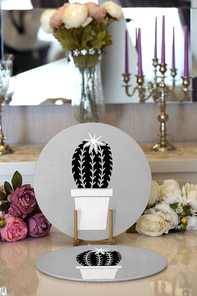 Realhomes 2-Piece Gray Floor Cactus Patterned Digital Printed Decorative Round Plate & Placemat
