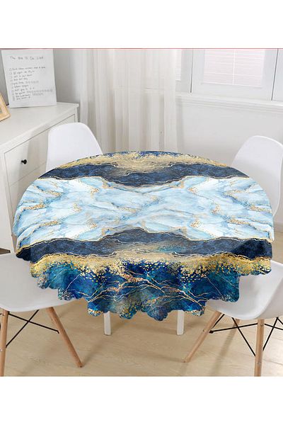 Realhomes Fata de masa rotunda moderna cu frunze galbene fundal albastru Diametru 140 cm