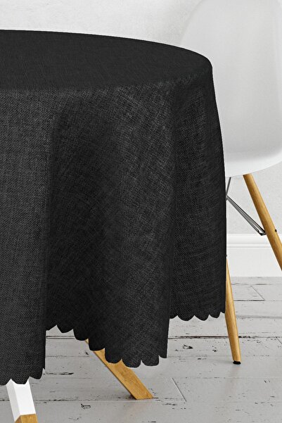 Realhomes Black Plain Colored Digital Printed Round Tablecloth Diameter 140 cm