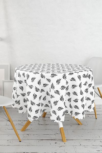 Realhomes Fata de masa rotunda cu model frunze alb-negru - diametru 140cm