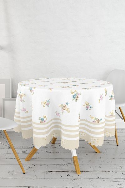 Realhomes Fata de masa rotunda imprimata digital cu design flori crem - diametru 140cm