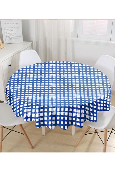 Realhomes Fata de masa Rotunda cu Motiv Geometric Patrat Albastru Marin Verde - Diametru 140cm