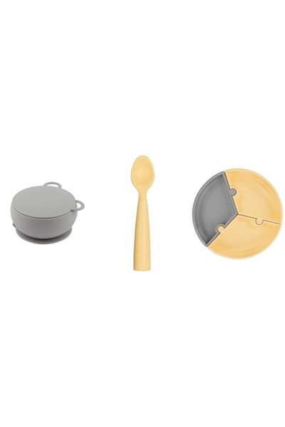 OiOi Set of 3 Puzzle Plate, Bowl with Lid Gray, Nam Nam Spoon Yellow