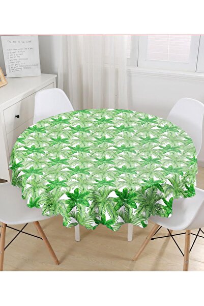 Realhomes Кругла скатертина з зеленим візерунком листя на білому тлі - діамет...
