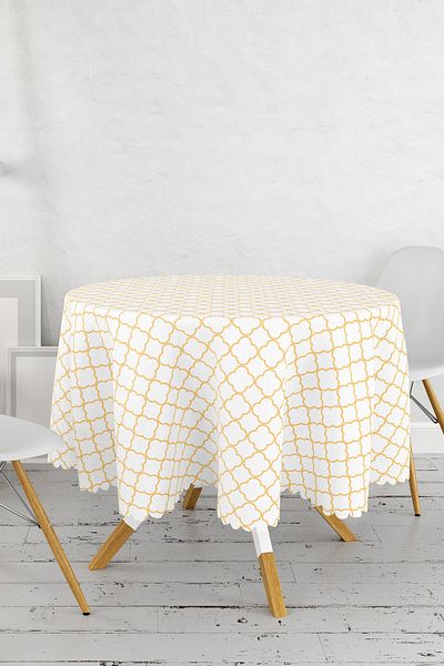 Realhomes Fata de masa rotunda moderna Ogea imprimata digitala cu detalii aurii cu fundal alb Diametru 140cm