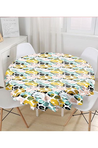 Realhomes Fata de masa rotunda cu model geometric cu desene colorate pe fundal alb - diametru 140cm