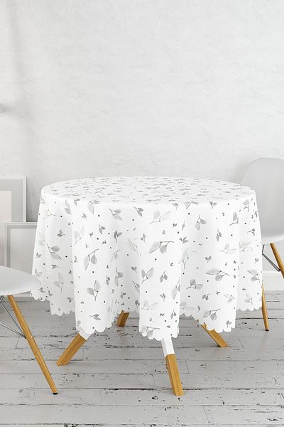 Realhomes Față de masă rotundă modernă imprimată digital cu model frunze albe cu fundal pastel - diametru 140cm