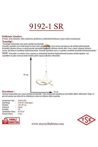 Eray Aydınlatma 9192-1 Sarı Tekli Led Avize