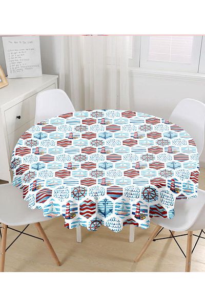 Realhomes Fata de Masa Rotunda Imprimata Digital cu Motiv Marinar Albastru Burgundia - Diametru 140cm