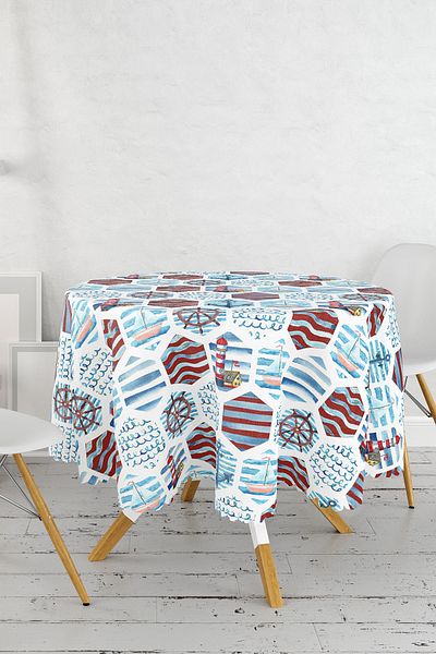 Realhomes Fata de Masa Rotunda Imprimata Digital cu Motiv Marinar Albastru Burgundia - Diametru 140cm