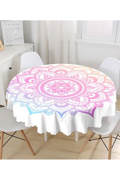 Realhomes Față de masă rotundă cu model special cu mandala roz și albastru pe fundal alb - Diametru 140cm