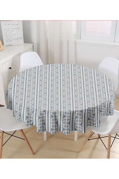 Realhomes Față de masă rotundă cu motiv de frunze cu țepi uni cu fundal denim - Diametru 140cm