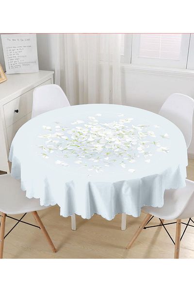 Realhomes Față de masă rotundă modernă, cu model de flori de hortensie albă, imprimată digitală, cu fundal colorat - diametru 140 cm