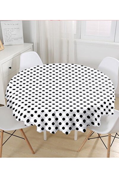 Realhomes Siyah Beyaz Puantiyeli Özel Tasarım Dijital Baskılı Yuvarlak Masa Ö...