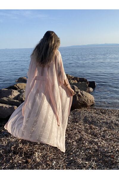 BEACHTALK Marka Ince Dökümlü, Çizgi Desen Kumaştan Uzun Kimono, Renk Somon/pembe
