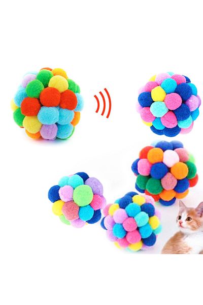 Sdypet Colorful Pompom and Rattle Ball Cat Toy 7cm - 2 Pieces