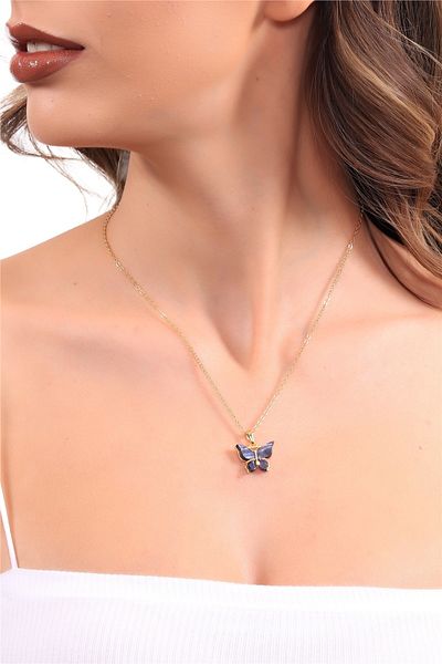 LABALABA Women's Gold Color Plated Anthracite Mother-of-Pearl Stone Butterfly Figure Chain Necklace