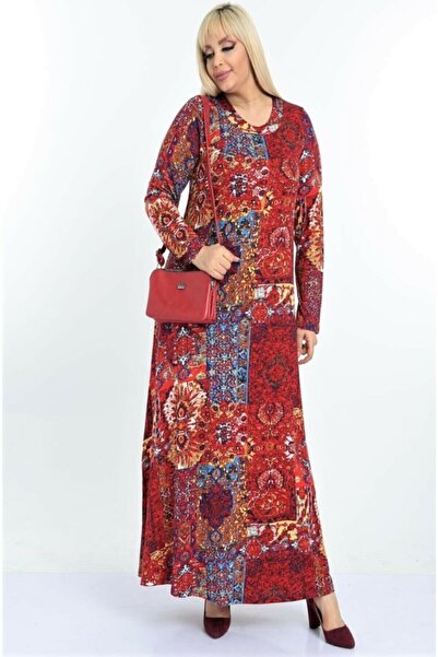 Hazinedan Large Size Red Ethnic Patterned Long Dress