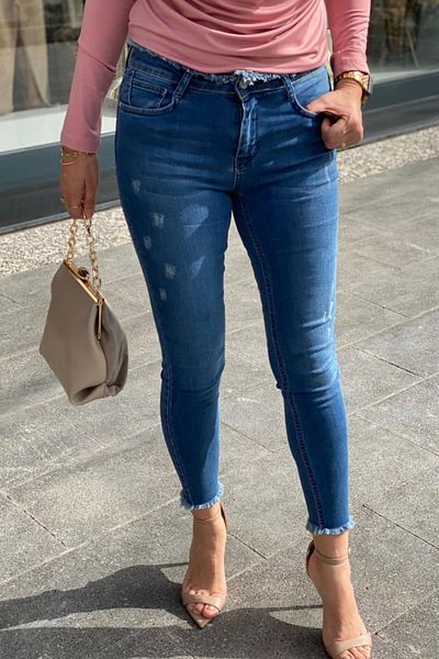 FEMELLE Blugi de damă cu talie albastră și cu ciucuri din lycra Pantaloni din denim cu talie înaltă