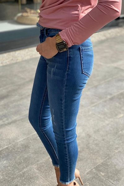 FEMELLE Blugi de damă cu talie albastră și cu ciucuri din lycra Pantaloni din denim cu talie înaltă