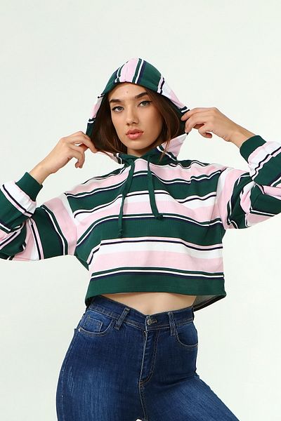 1Moda1Tarz Hanorac crop cu glugă cu dungi, țesătură din bumbac pieptănat cu două fire, mânecă lungă